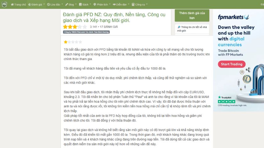 Đánh giá của trader về sàn Pacific Financial Derivatives trên Forex Peace Army