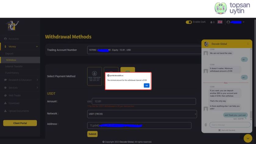 DecodeFX không cho rút các khoản tiền dưới $100