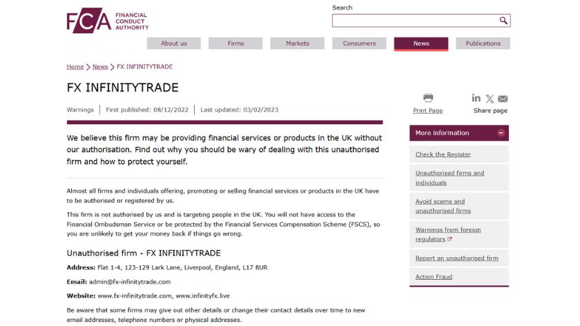 FCA cảnh báo về InfinityFX