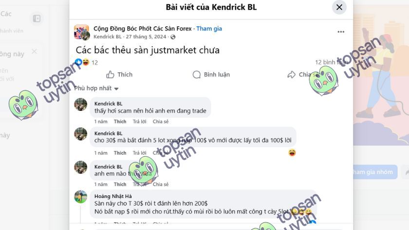 Một vài đánh giá của trader Việt về JustMarkets trên Facebook