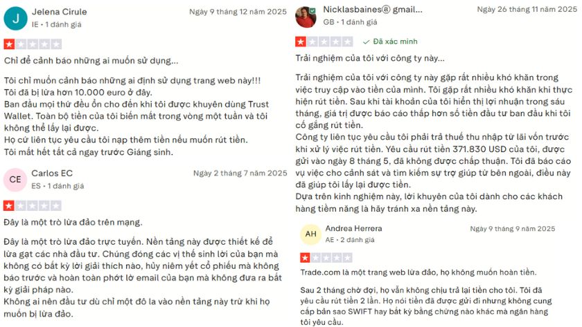 Một vài đánh giá của trader về Trade.com trên Trustpilot