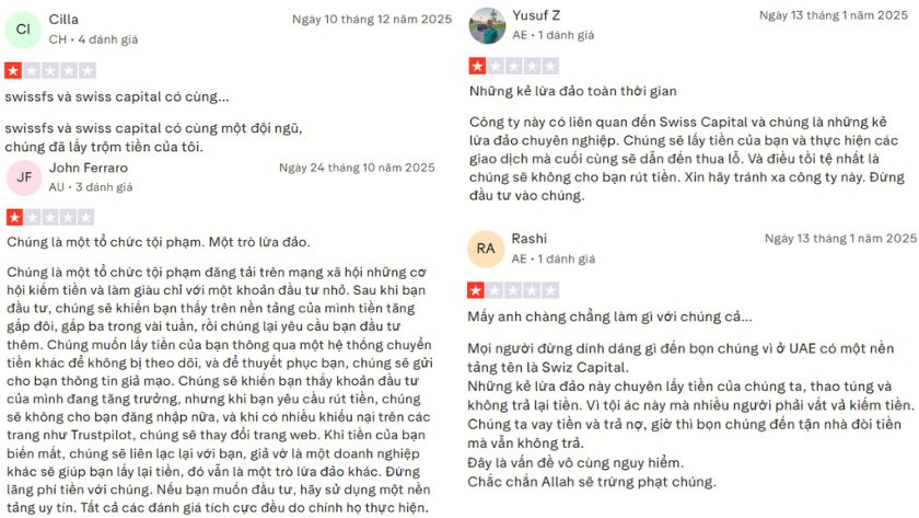 Rất nhiều trader tố cáo SwissFS lừa đảo trên Trustpilot