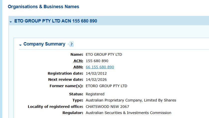 Thông tin giấy phép ASIC của ETO Markets