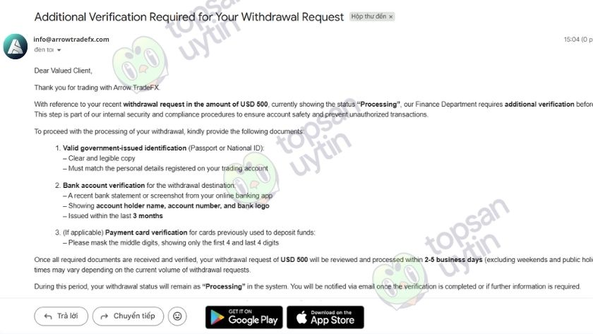 Thông báo từ Arrow TradeFx về việc thông báo tạm hoãn giao dịch