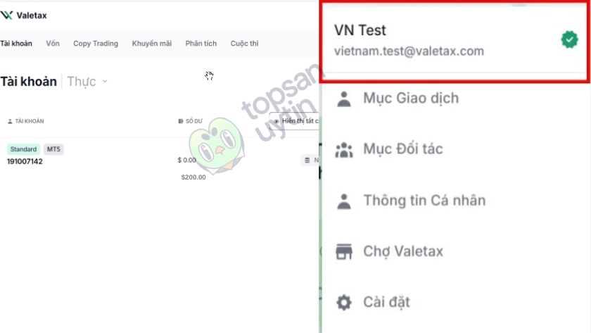 Top Sàn Uy Tín Team mở tài khoản Standard của Valetax trên MT5 và nạp $200 để giao dịch