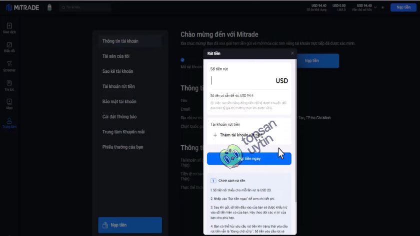 Top Sàn Uy Tín Team tiến hành rút tiền trên Webtrader của Mitrade