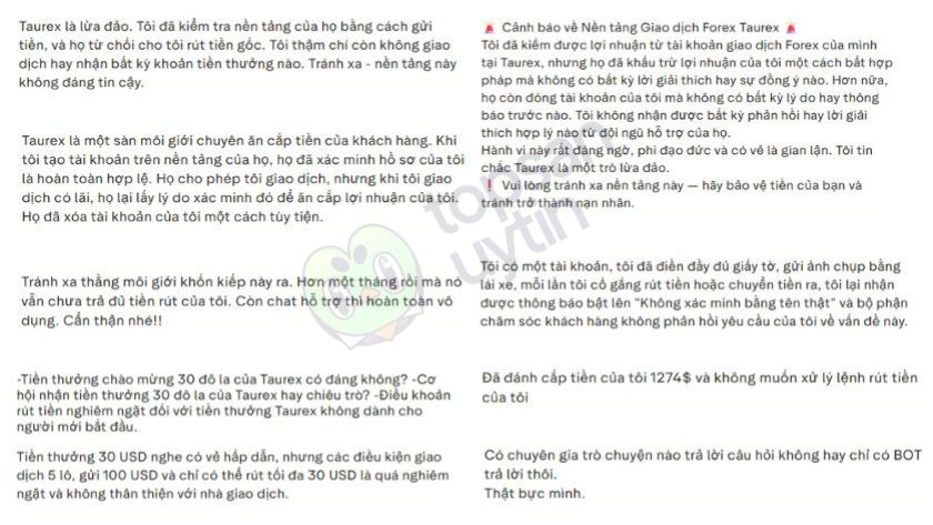 Trader bày tỏ sự không hài lòng khi giao dịch tại sàn Taurex