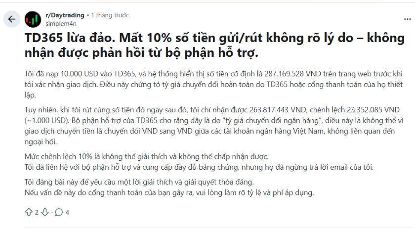 Trader mất 10% khi nạp tiền tại TradeDirect365 - chia sẻ trên Reddit