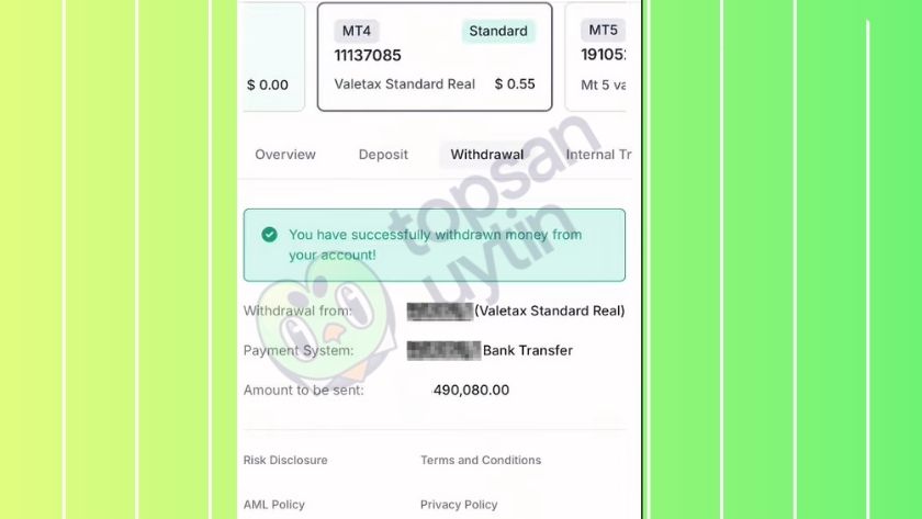 Valetax thông báo rút tiền thành công nhưng tiền không về tài khoản