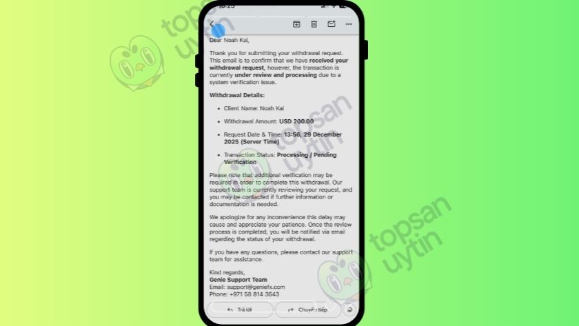 Mail thông báo từ Genie việc không thực hiện lệnh 200$