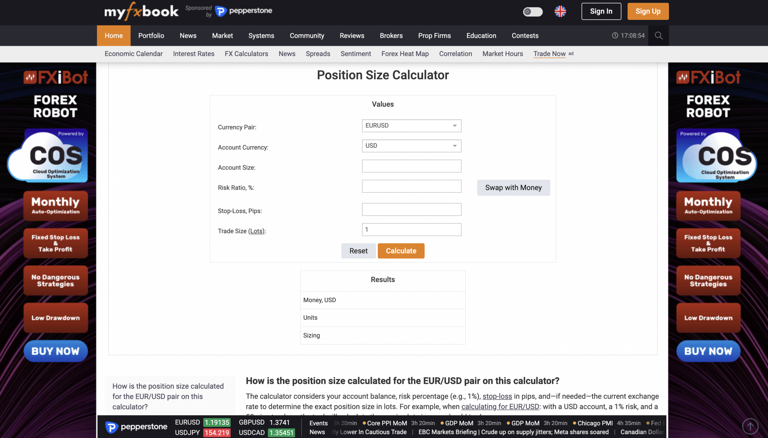 Công cụ Myfxbook Calculator để tính lot