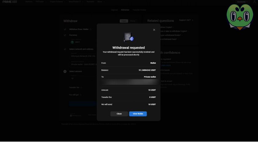 Trải nghiệm quy trình rút tiền của PrimeXBT
